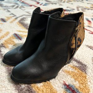 Aldo Leopard Calf Hair and Black Leather Heeled Booties